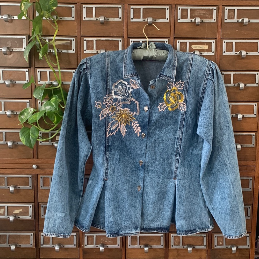 Acid Wash Puff Sleeve Peplum Blouse Jacket Layer Embroidered Size Medium 80’s